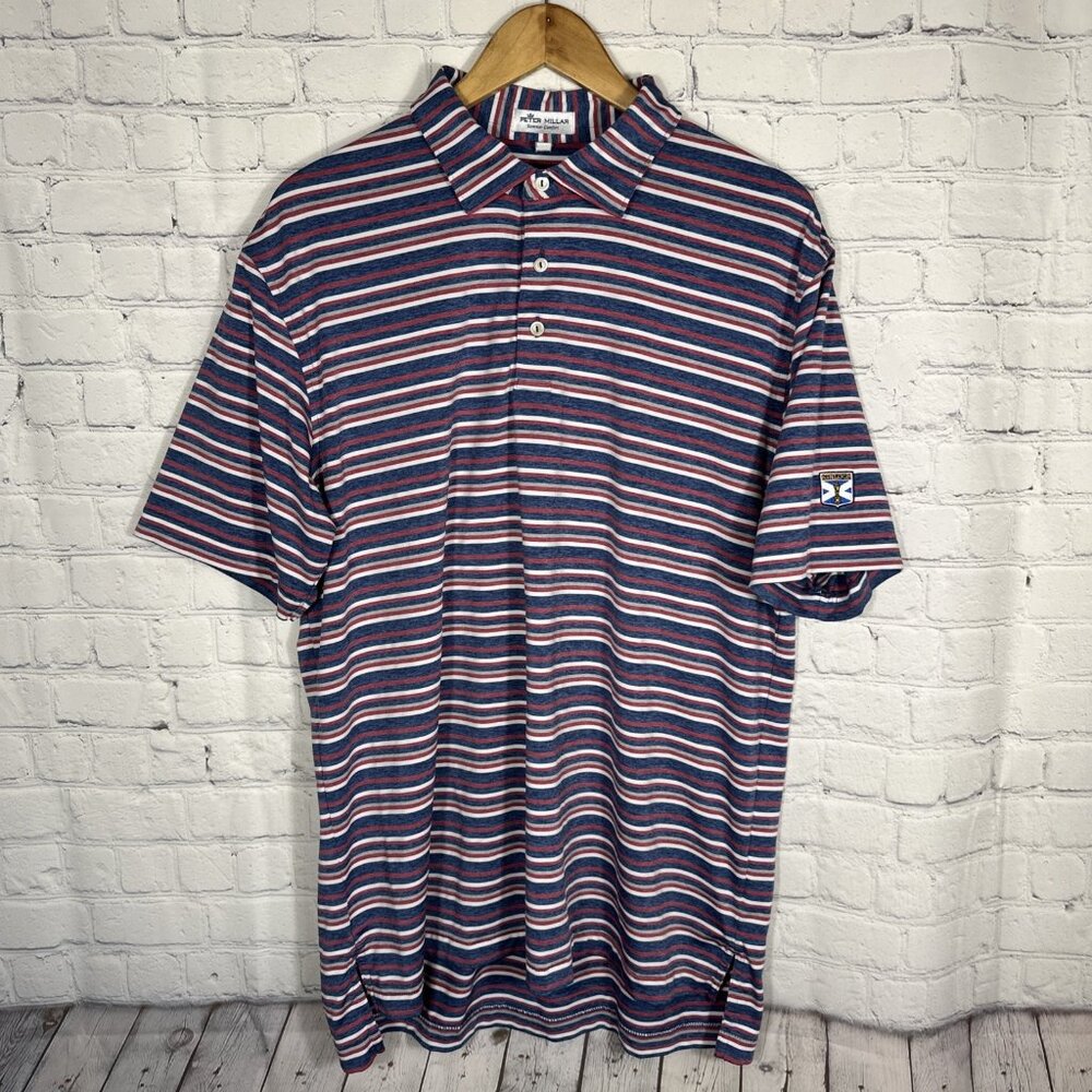 Peter Millar Summer Comfort L Kinloch Golf Stripe Shirt Red White Blue